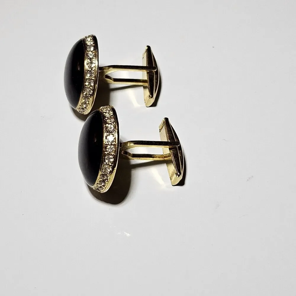Vtg Gold Tone Cufflinks Black Carbochon Circle Stone Clear Rhinestone Accents